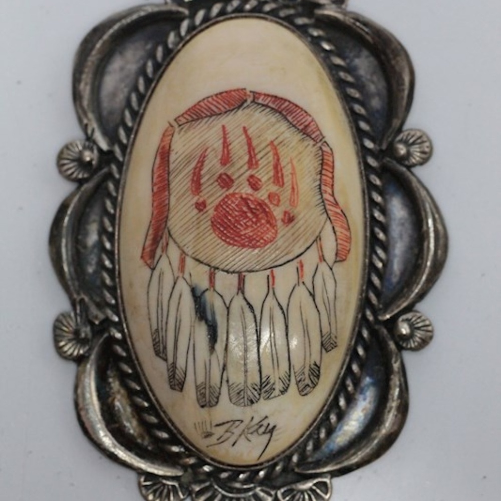 Hopi Artist B Kay. Signed Native American Scrimshaw Pendant
